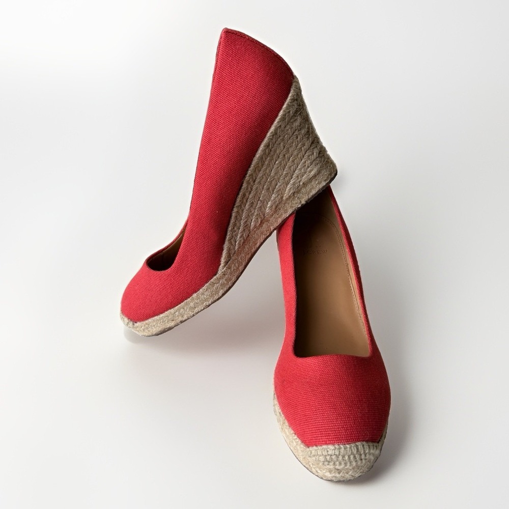 J Crew Seville Espadrille Wedges Red Canvas High Heel Pumps 8 Summer